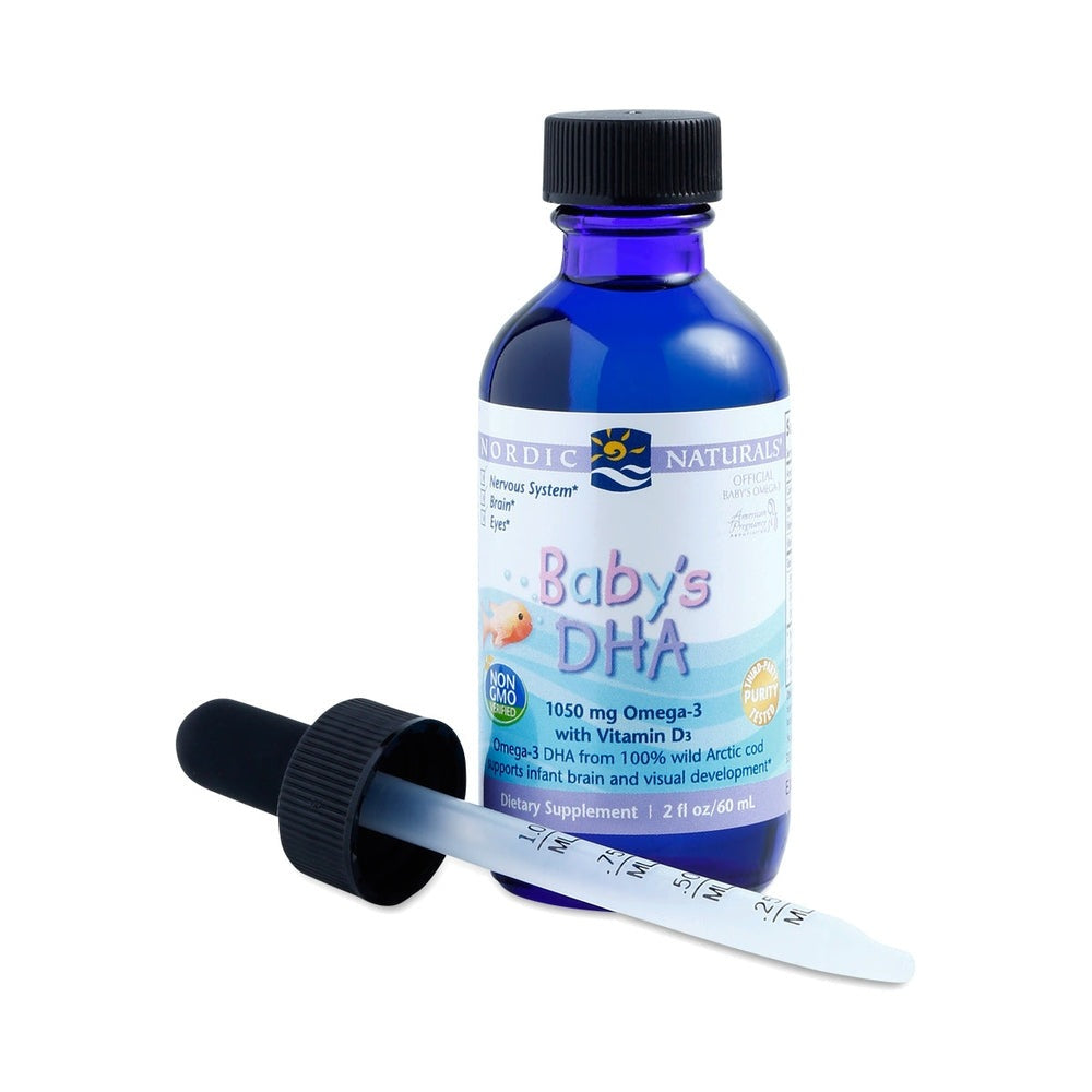 Nordic Naturals Baby's DHA 60 ml blue bottle with dropper, infant omega-3 supplement