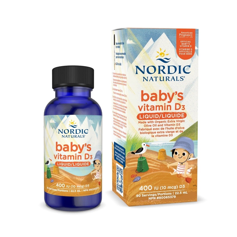 Nordic Naturals baby's vitamin D3 liquid bottle and box, blue glass bottle, 22.5 ml, 400 IU