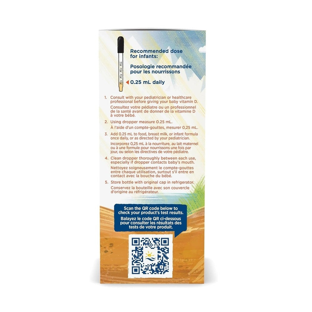 Nordic Naturals Baby's Vitamin D3 22.5ml box with blue–orange design and 0.25 mL daily dose