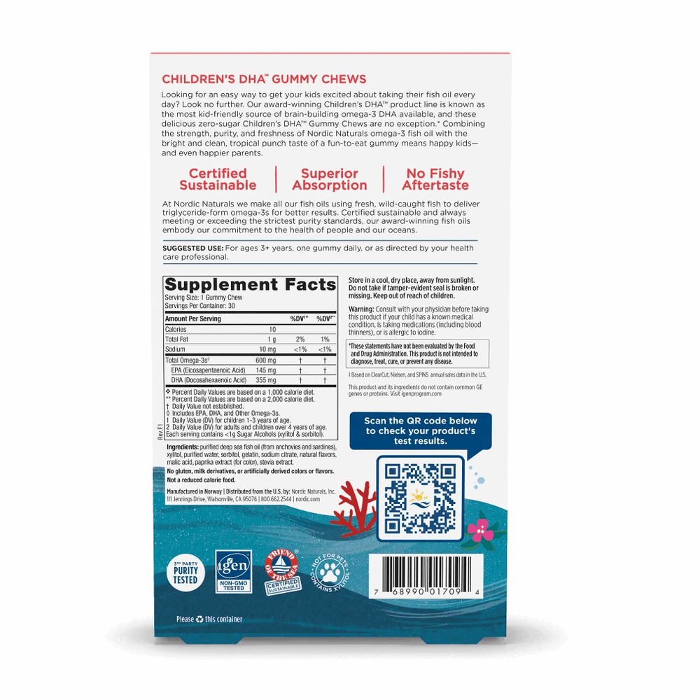 Nordic Naturals Children's DHA Gummy Chews 30 Ct box with ocean-blue design, logos and QR code