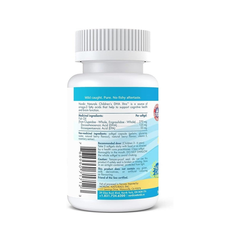 Nordic Naturals Children's DHA Xtra bottle, white with blue label, 90 softgels