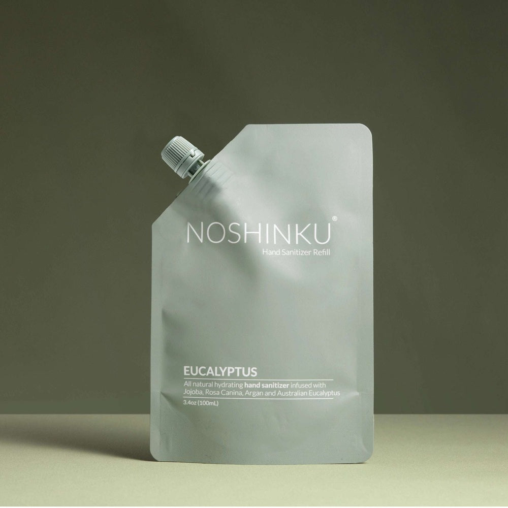 NOSHINKU hand sanitizer refill pouch, eucalyptus scent, 3.4 oz, gray packaging