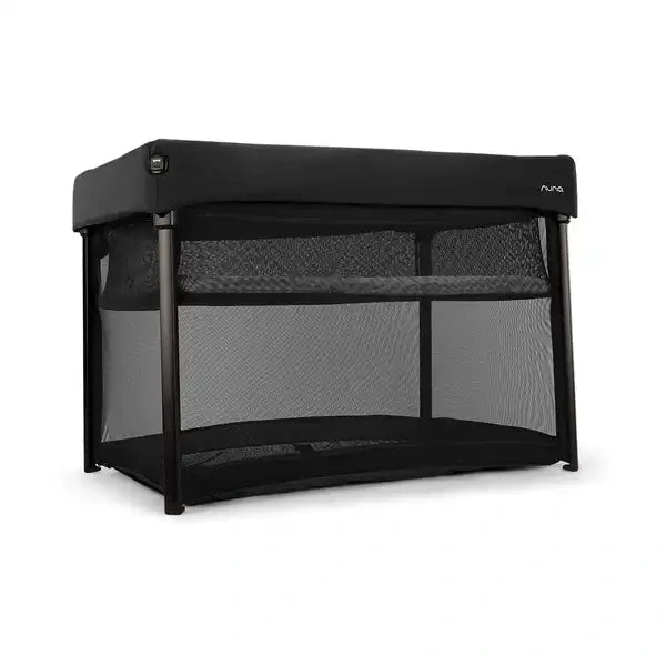 Nuna PAAL Compact Travel Playard in Caviar - angled bassinet mode