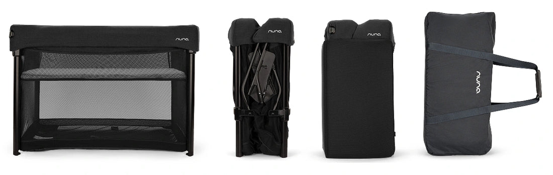 Nuna PAAL Compact Travel Playard - included components and folded configurations