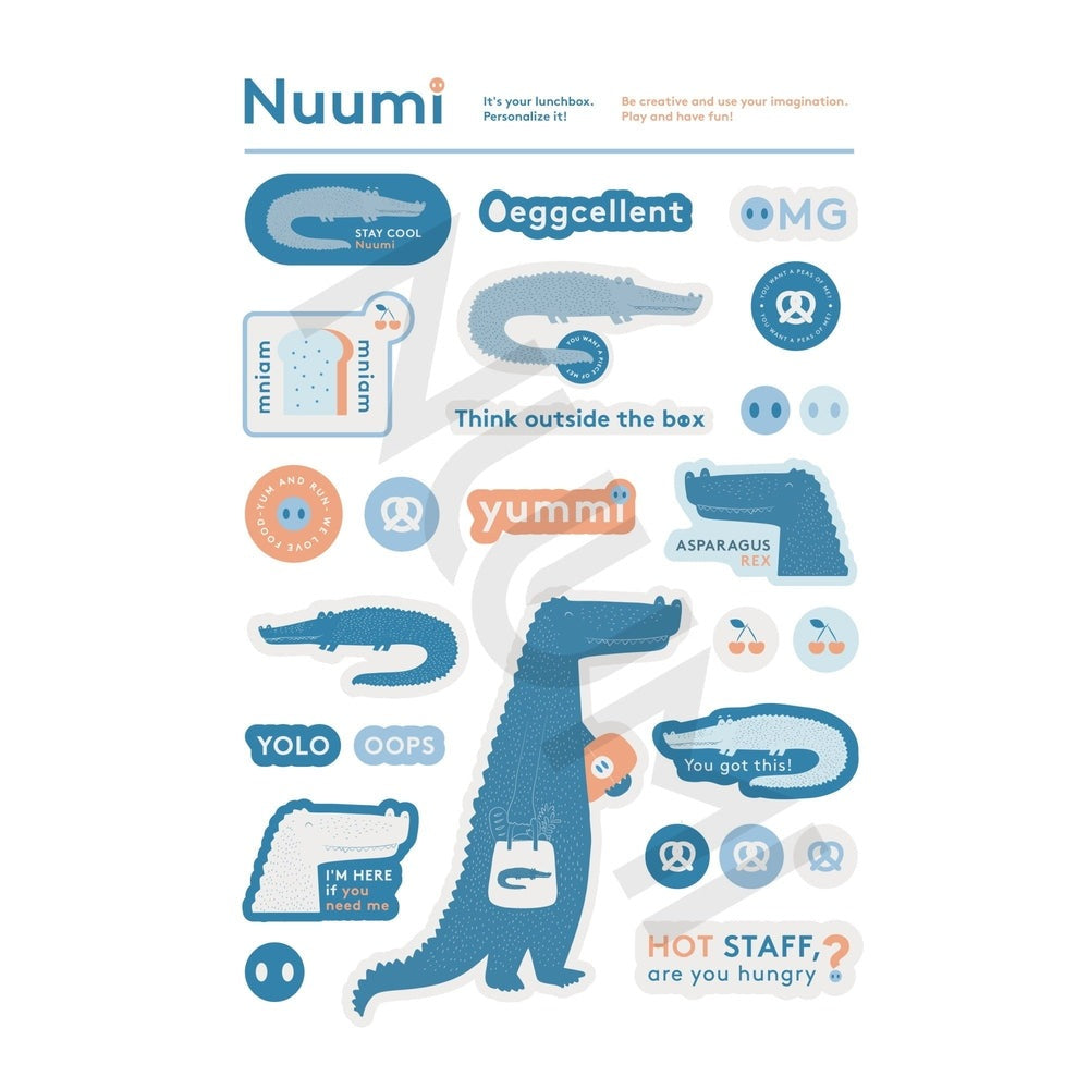 Nuumi lunch box with blue stickers featuring crocodile illustrations by Baby Enroute