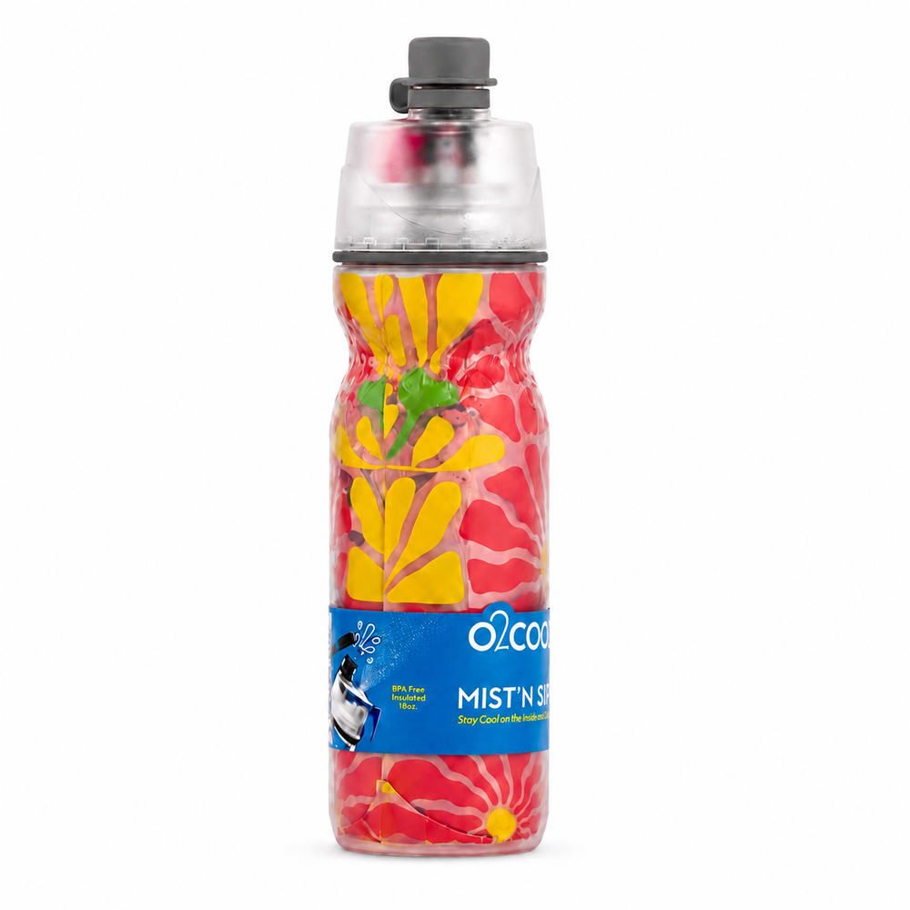 Colorful water bottle with floral design on a white background