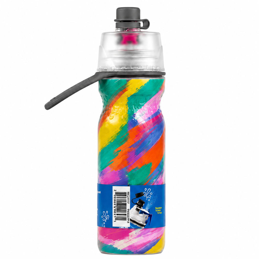 Colorful water bottle with a black handle on a white background