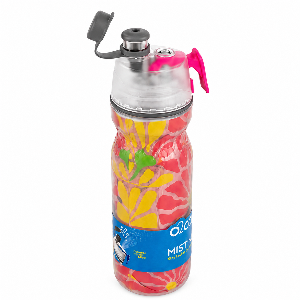Colorful water bottle with floral design on a white background