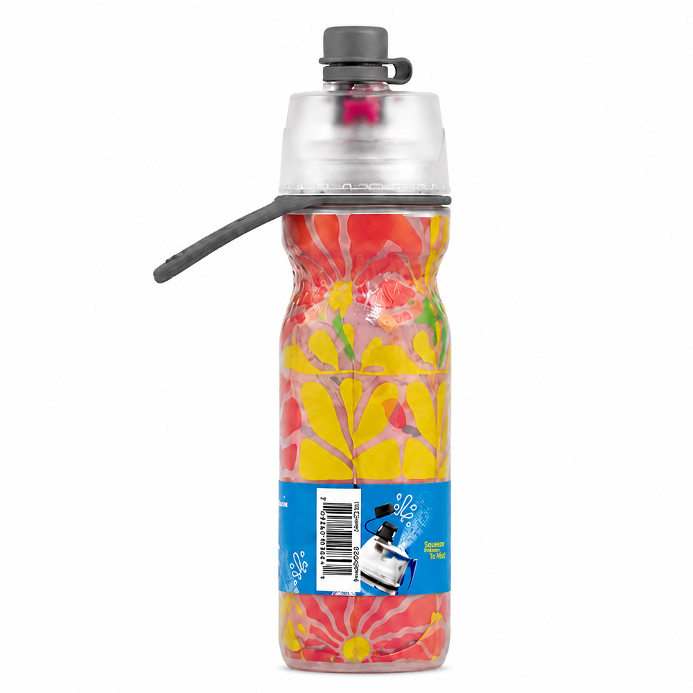 Floral-patterned water bottle with a clear cap on a white background