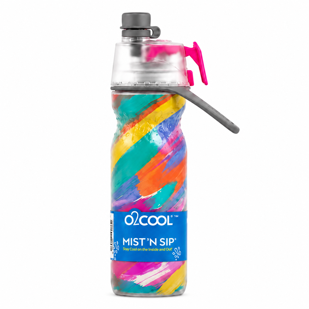 Colorful water bottle with mist and sip feature on a white background