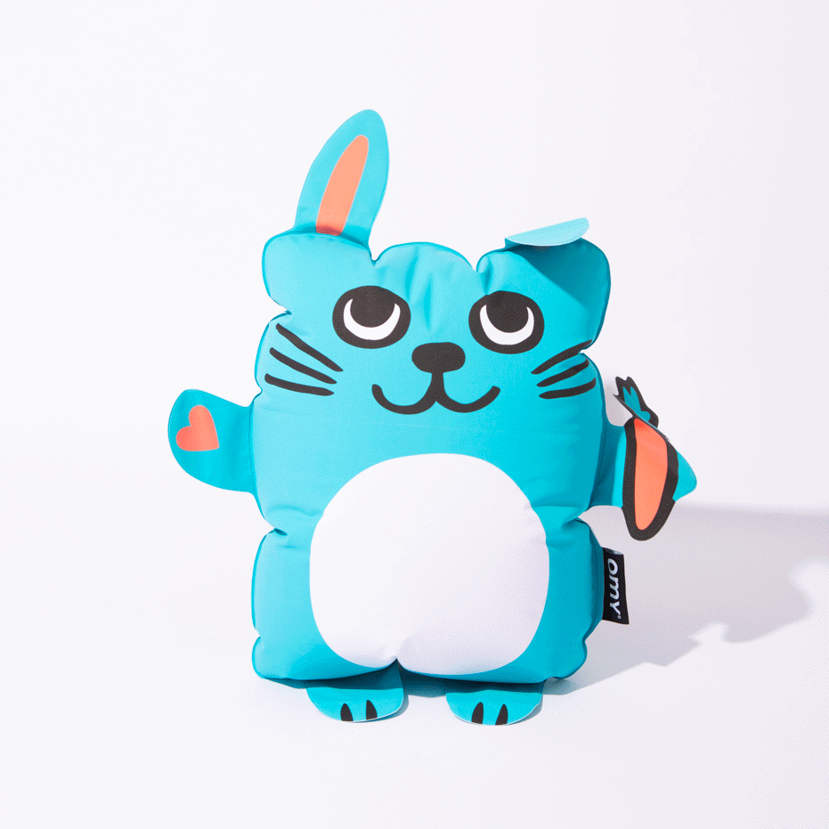 OMY Bunny inflatable pillow in bright blue with white belly, heart paw, standing upright.