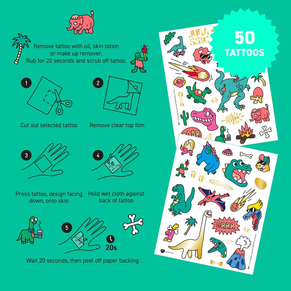 OMY - Dinos - Tattoos; two colorful dinosaur temporary tattoo sheets with easy peel, rub 20s, and removal steps.