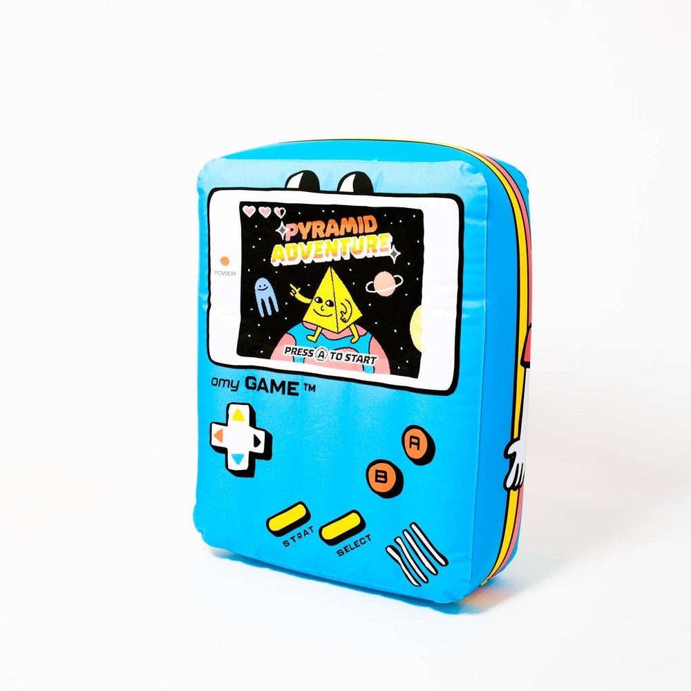 OMY Giant inflatable pillow video game, blue handheld design standing upright with retro screen art
