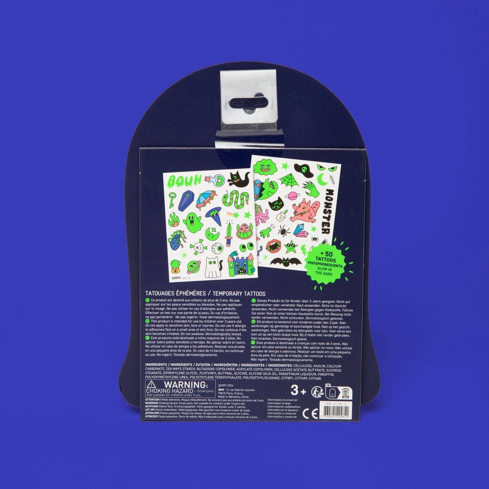 OMY Glow in the Dark Tattoos, colorful temporary tattoos on a display card ready to peel and apply.