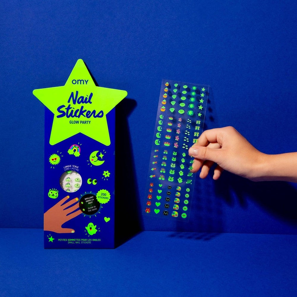 OMY Glow Party Nail Stickers neon star packaging; hand pulls a colorful nail sticker sheet.