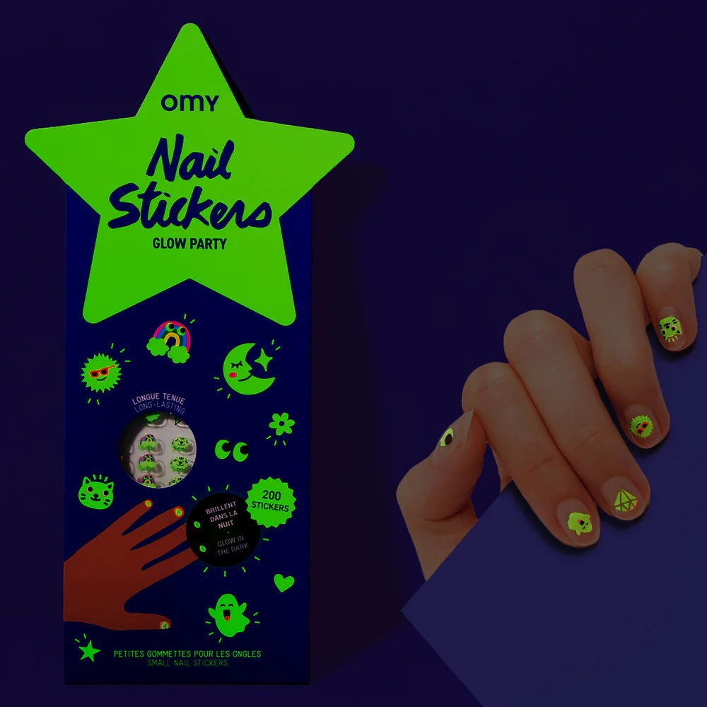 OMY Glow Party Nail Stickers neon-green designs applied on nails, star packaging showing 200 stickers inside.