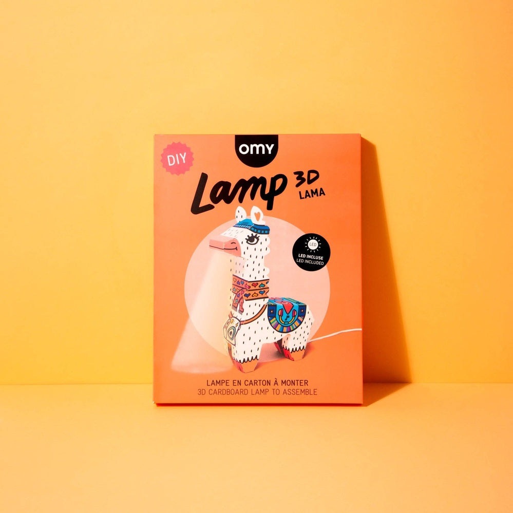 OMY Lama 3D Lamp box with colorful llama illustration, LED included and ready to assemble.