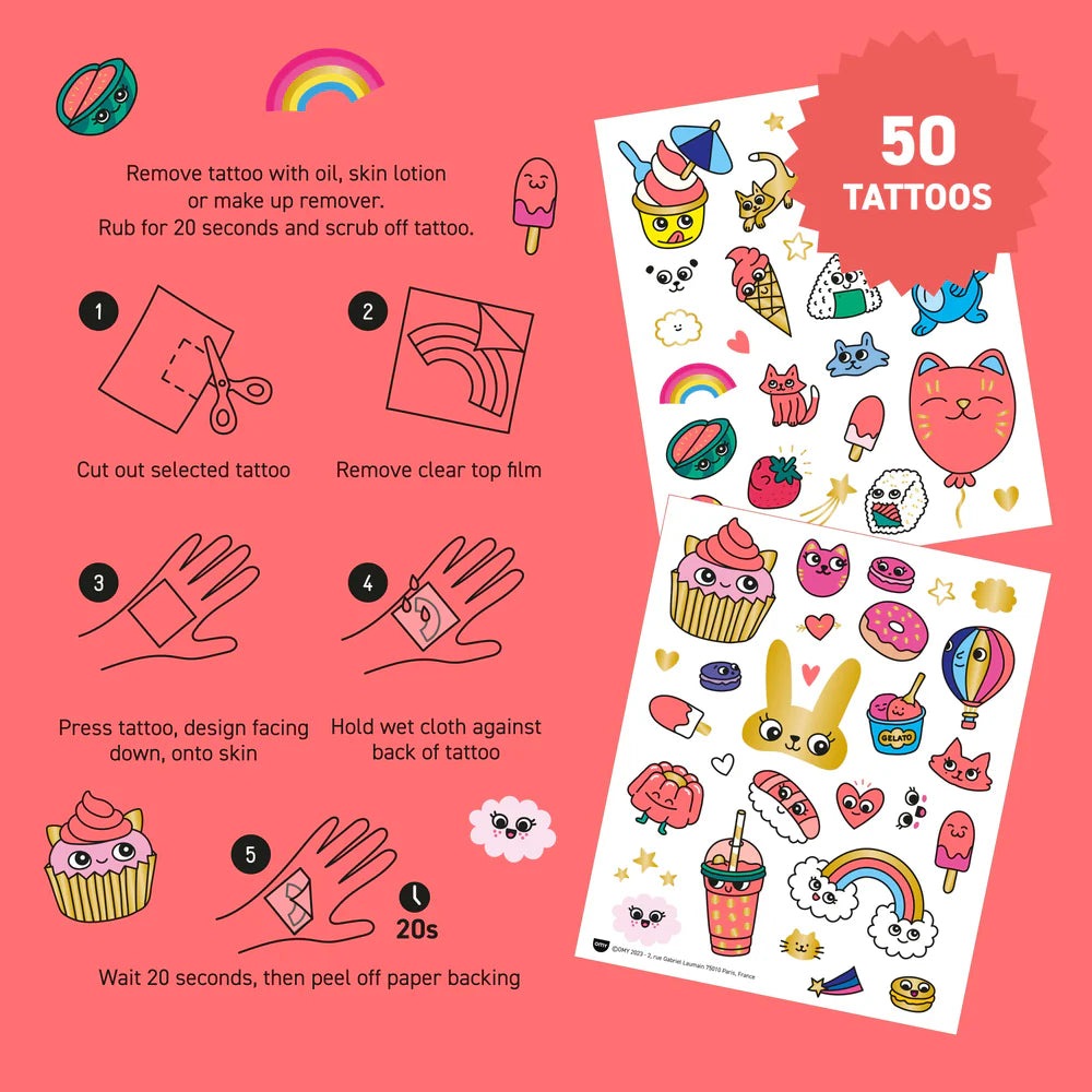 OMY - Tattoos - Kawaii temporary tattoos on pink background, showing cut, press, peel steps and 20s wait.