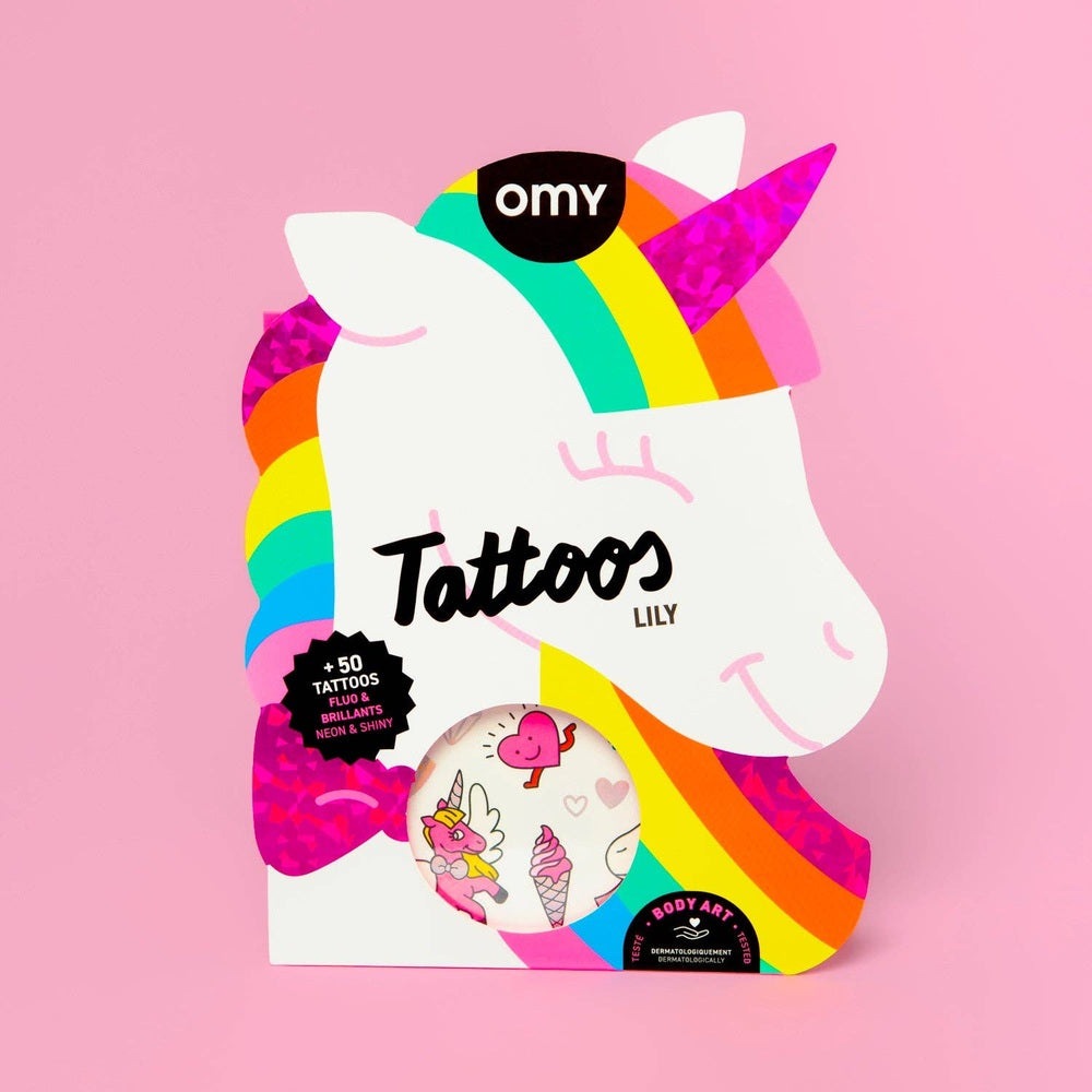 OMY Unicorn Tattoos package on pink backdrop, rainbow mane unicorn design, over 50 temporary tattoos.