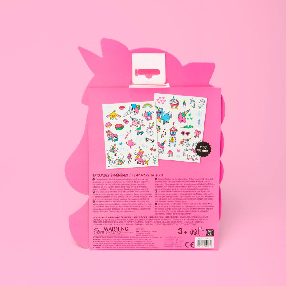 OMY Unicorn Tattoos in bright pink packaging; two colorful sticker sheets with unicorns and candy, 50 tattoos.