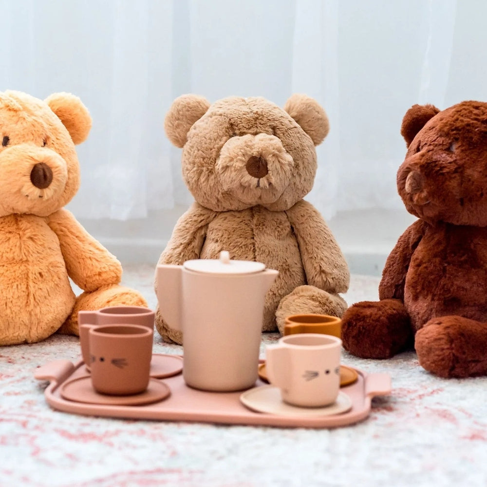 OB Designs Honey Bear plush toy; set of three medium teddy bears in beige, tan and brown with pastel tea set