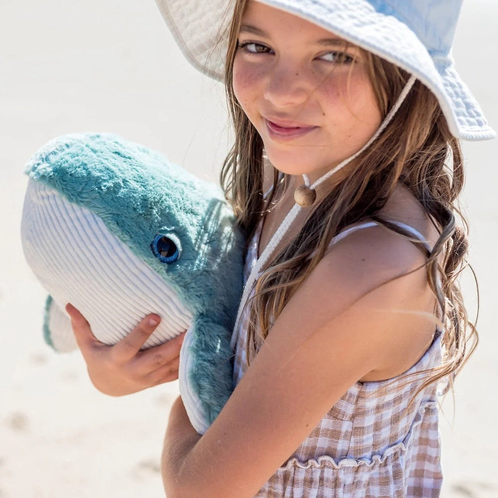 OB Designs Hurley Whale soft toy, large 20.5-inch teal plush with white belly