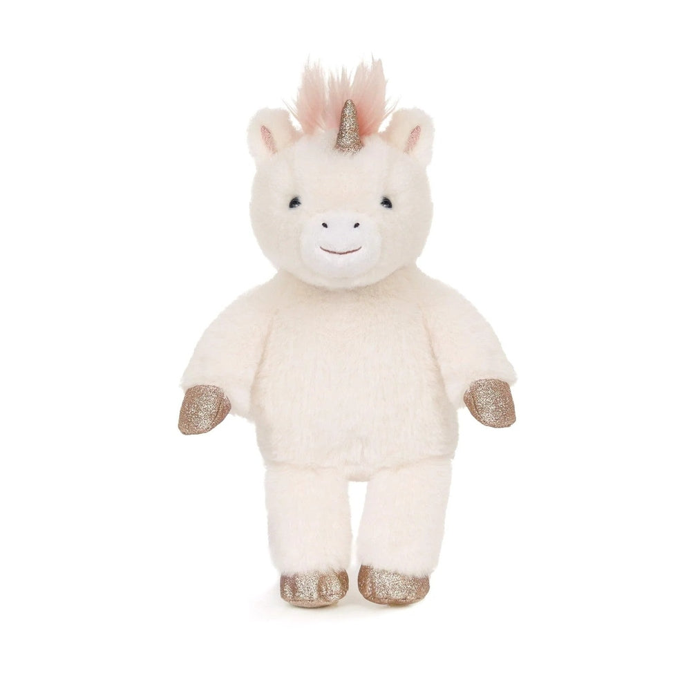Misty Unicorn soft toy by OB DESIGNS, vegan angora white plush with glitter gold horn and hooves, 9in