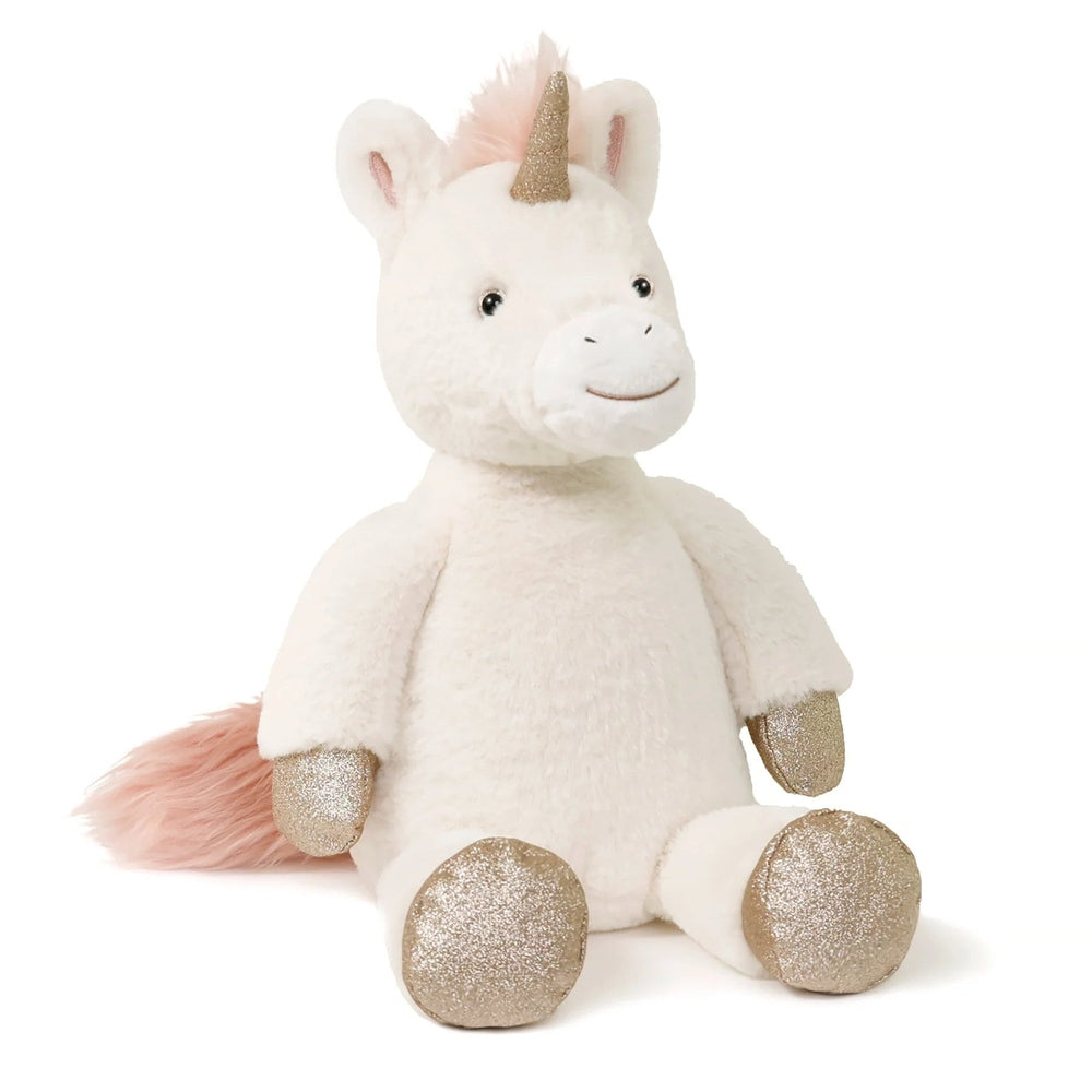 Misty Unicorn plush by OB DESIGNS, medium 14 in, white vegan-angora with pink mane and gold glitter horn/hooves.