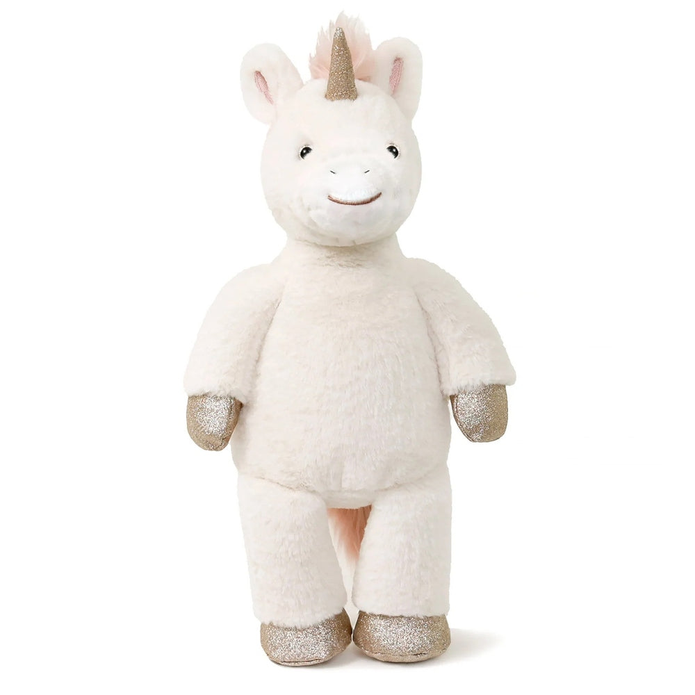 Misty Unicorn plush toy, OB Designs vegan angora, white with gold glitter horn and hooves, soft and cuddly, 14in/36cm