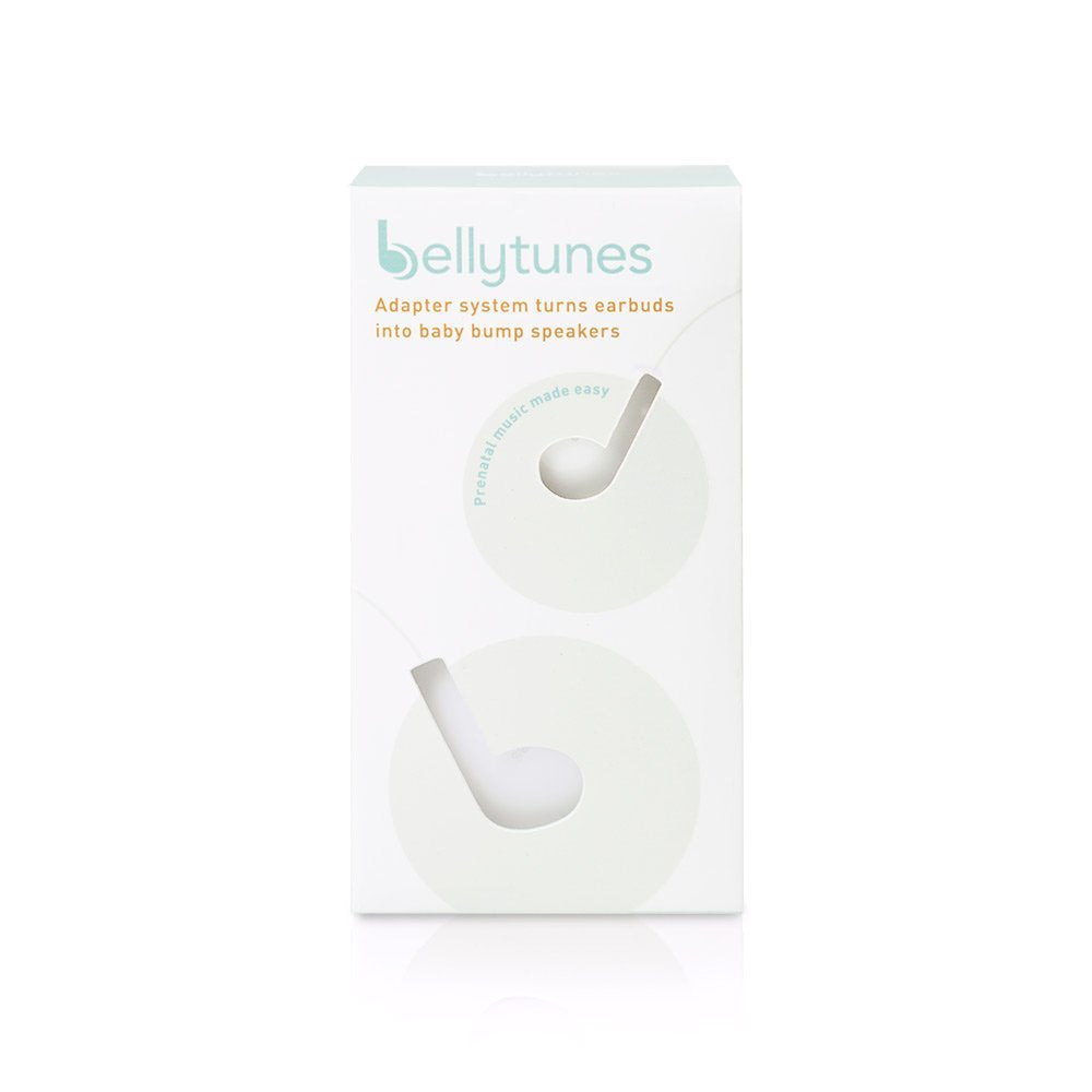 Olababy Bellytunes Prenatal Earbud Adapter System box standing upright, white with pastel teal logo.