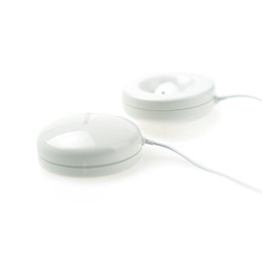Olababy Bellytunes Prenatal Earbud Adapter System, two white circular disks connected by a cord for listening.