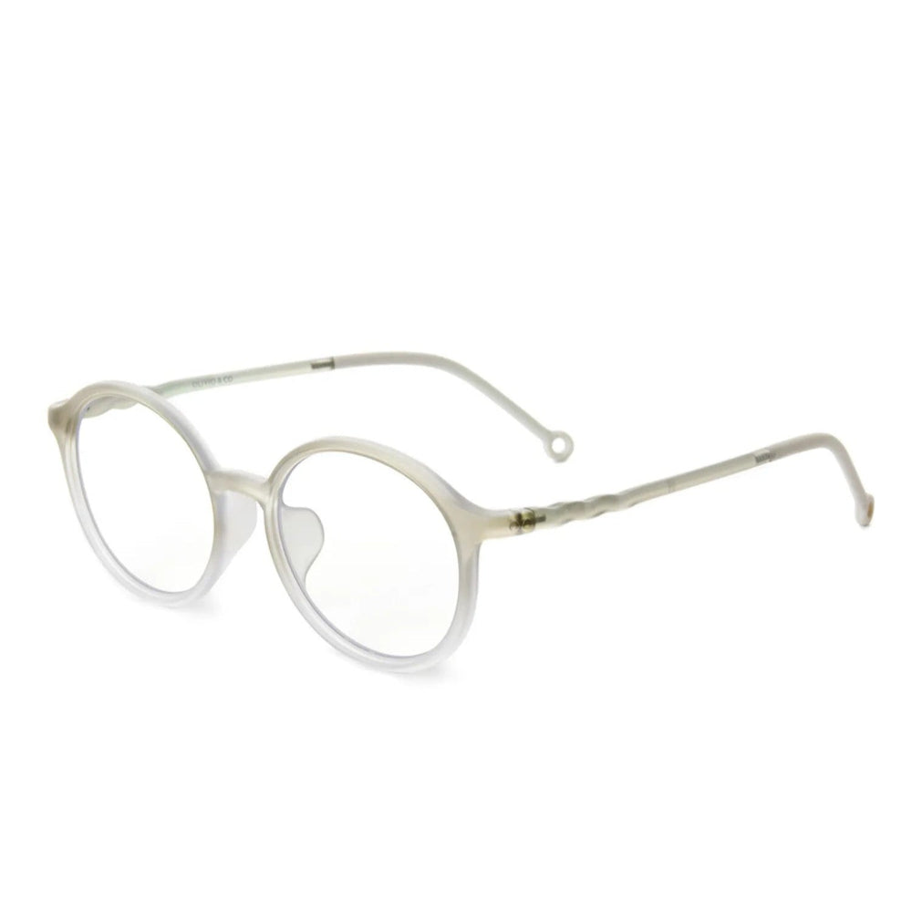 Olivio & Co Oval Screen Glasses Adult Foggy White resting on a white backdrop, transparent frame and clear lenses