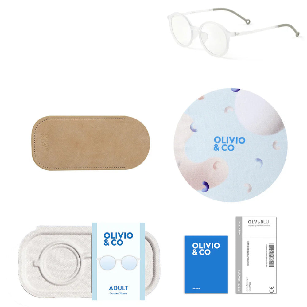 Olivio & Co oval screen glasses for adults in jellyfish white with beige leather case and cleaning cloth kit
