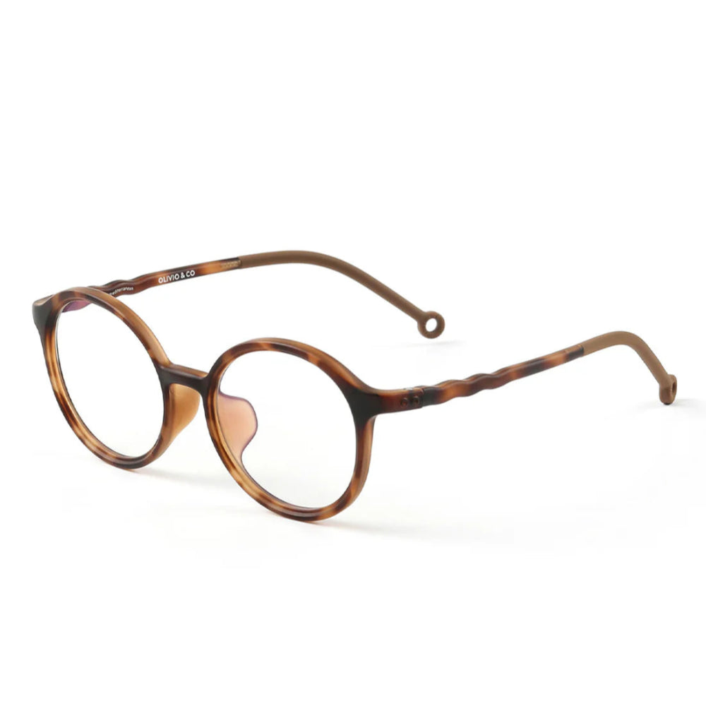 Olivio & Co Oval Screen Glasses Adult tortoiseshell frame resting on nose, showcasing rounded lenses