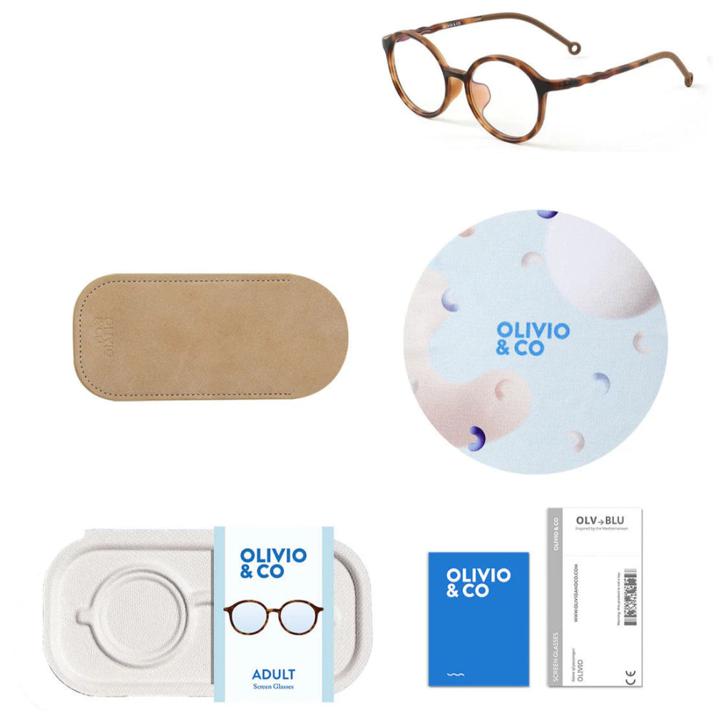 Olivio & Co Oval Screen Glasses Adult Tortoiseshell shown with beige case and cleaning kit nearby.