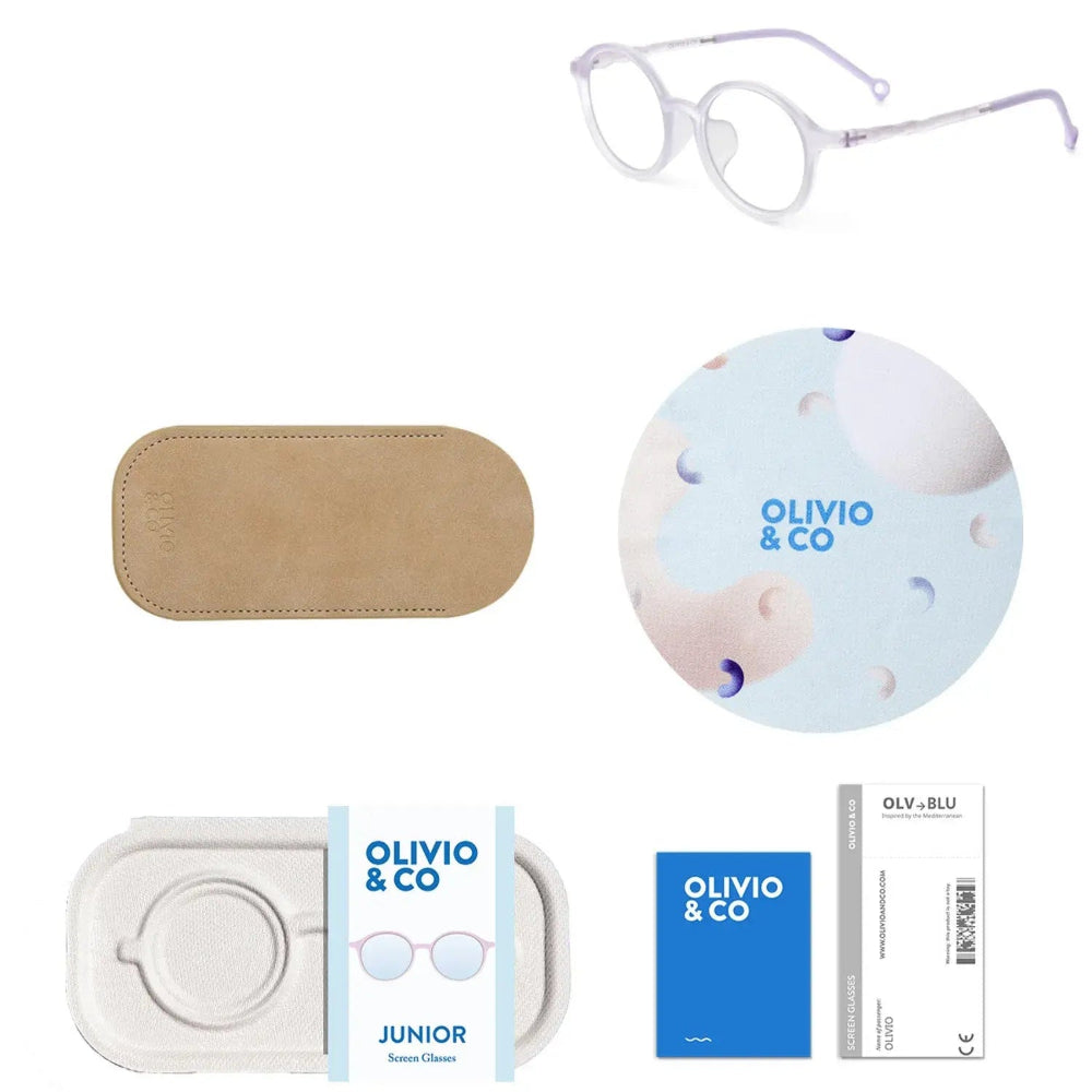 Olivio & Co Oval Screen Glasses Kids Tranquil Lavender resting beside beige protective case and accessories