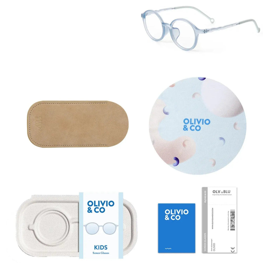 Olivio & Co oval kids screen glasses sky blue with leather-like case, cleaning cloth and storage box (4-piece set)
