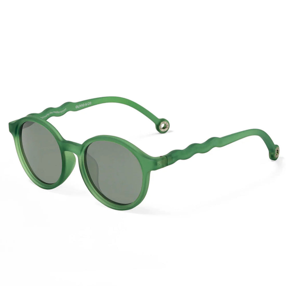 Olivio & Co oval sunglasses, green olive frames with grey lenses, adult classic eyewear