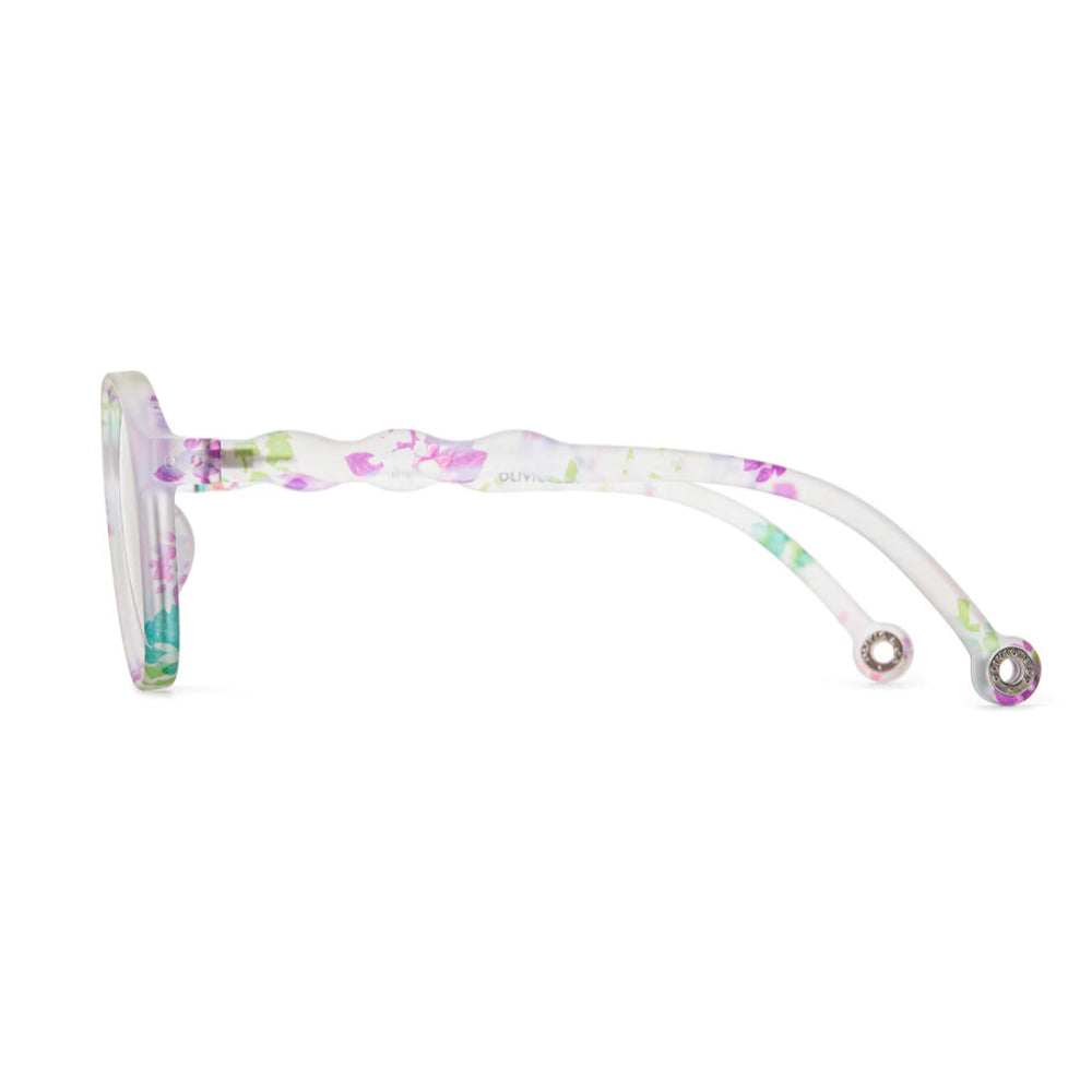 Olivio & Co oval sunglasses with white frame and pastel wildflower floral pattern.