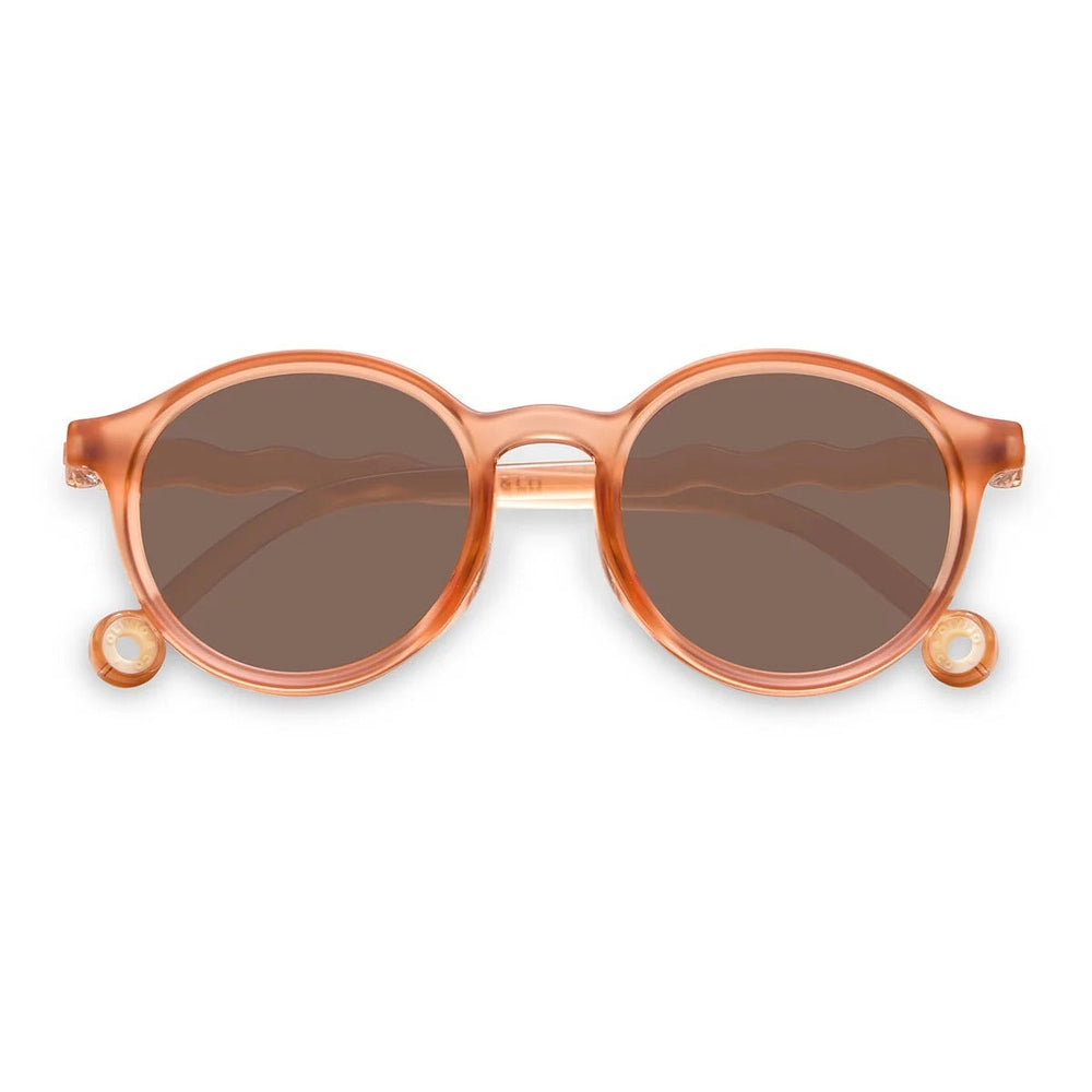 Round sunglasses with orange frame and dark lenses on a white background