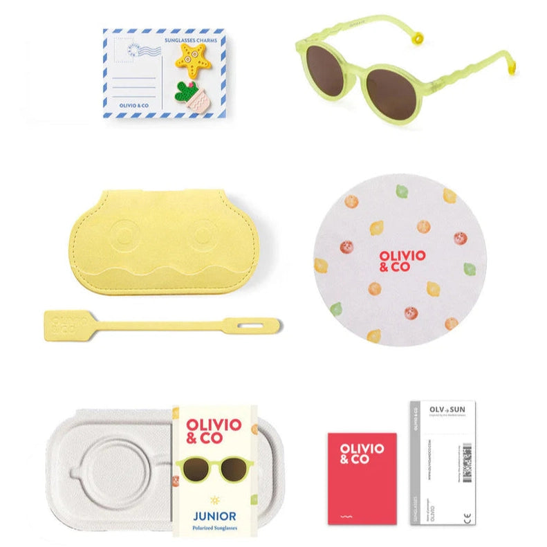 Olivio & Co Junior oval sunglasses Citrus Garden Lime Green with yellow case and accessories