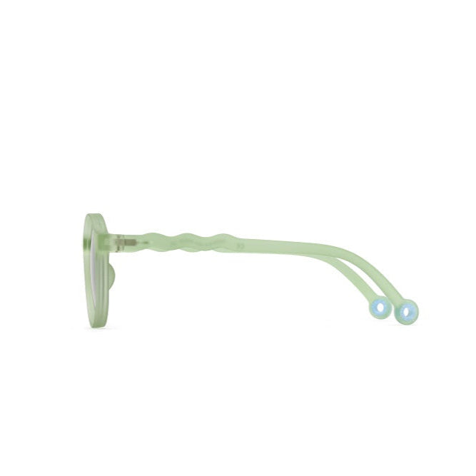 Olivio & Co Oval Sunglasses Junior+ Classic in light leaf green, side view showing flexible wavy temples.