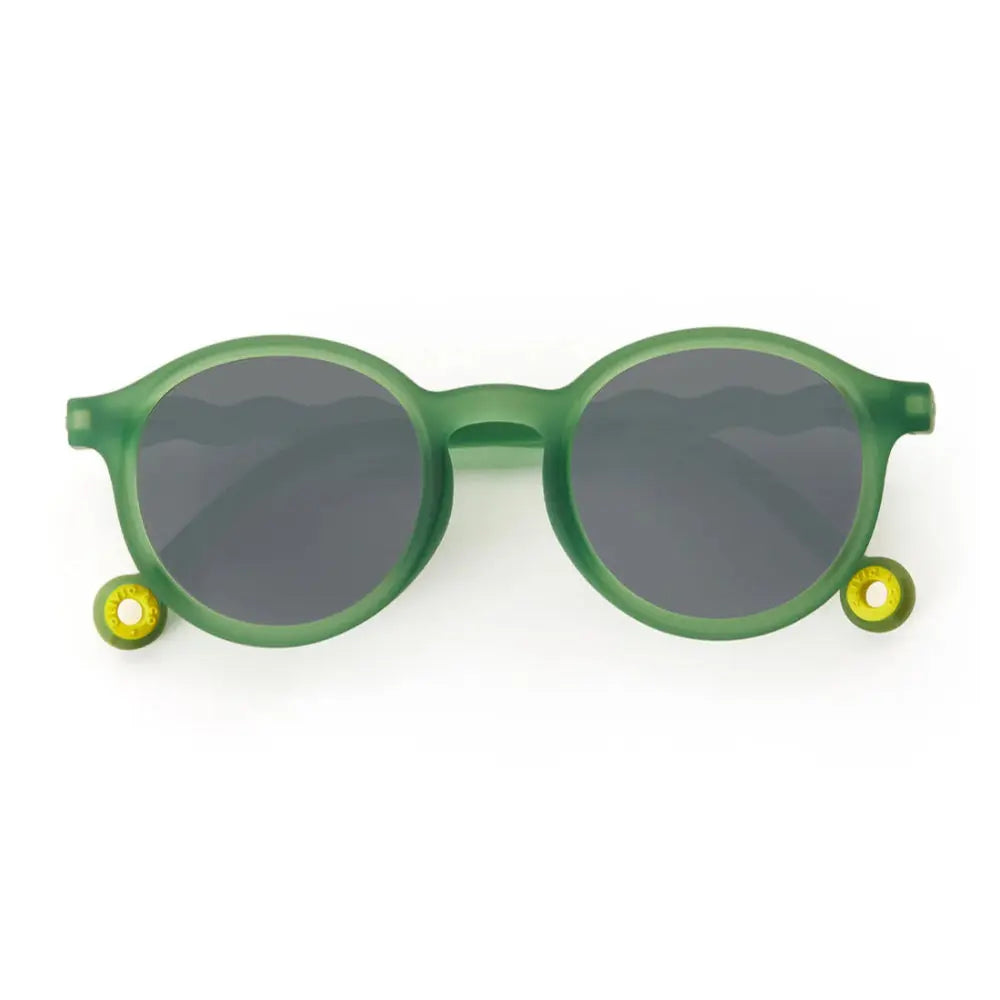 OLIVIO & CO Oval Sunglasses for Kids, olive green frame with gray lenses, shown on white surface.