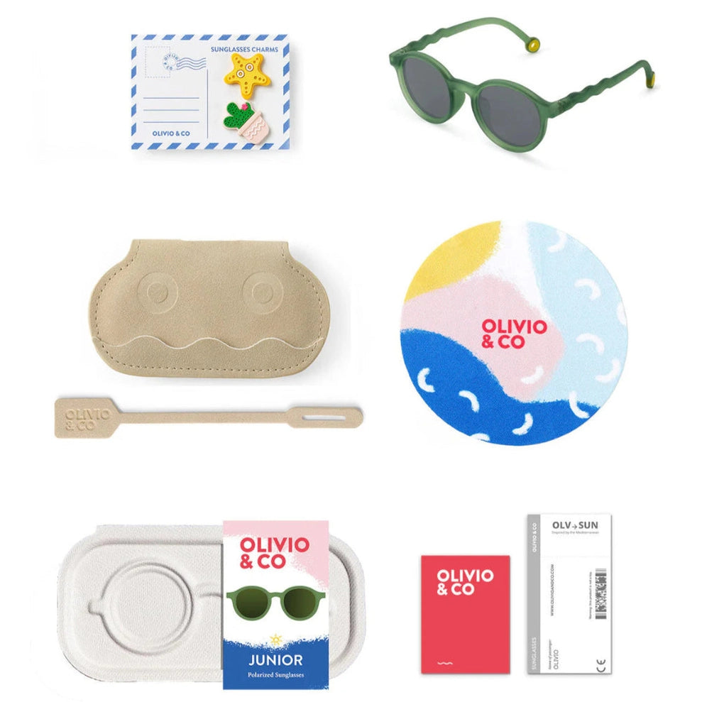 OLIVIO & CO oval junior sunglasses in olive green with beige case and matching accessories bundle (6 items)