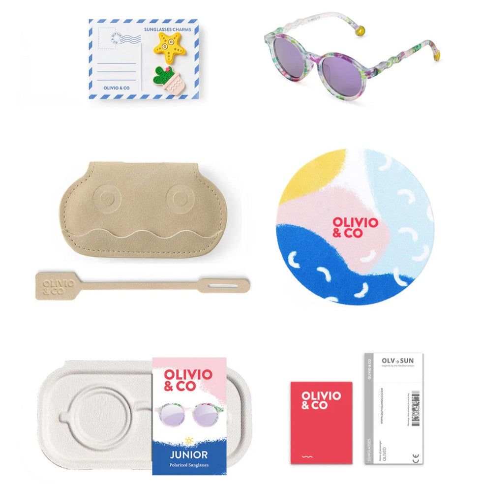 Olivio & Co Junior Oval Sunglasses in wildflower print with case, cloth, and accessories—8-piece set.