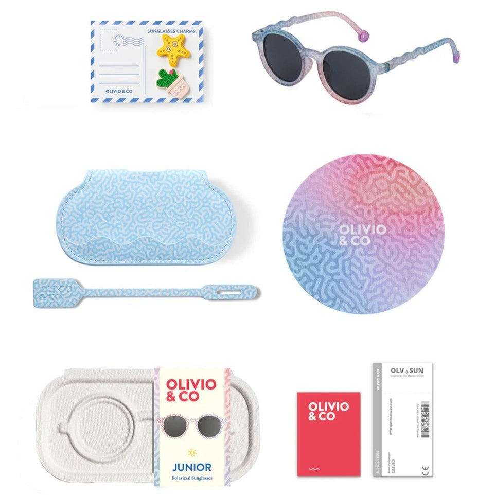 Olivio & Co Oval Sunglasses Junior Coral Reef Coral Fantasy with blue patterned case, lens cloth, and cleaning tool.
