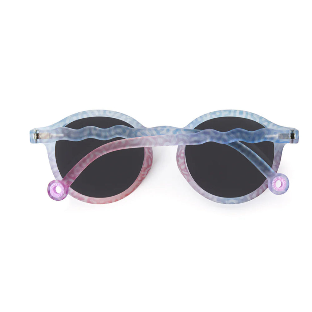 Olivio & Co Oval Sunglasses Junior+ Coral Reef Coral Fantasy on white background, pastel tie-dye frame, dark lenses.