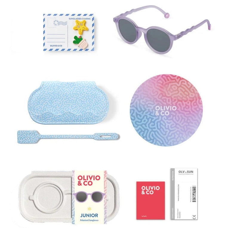 Olivio & Co oval junior sunglasses coral reef purple coral with blue patterned case and accessories
