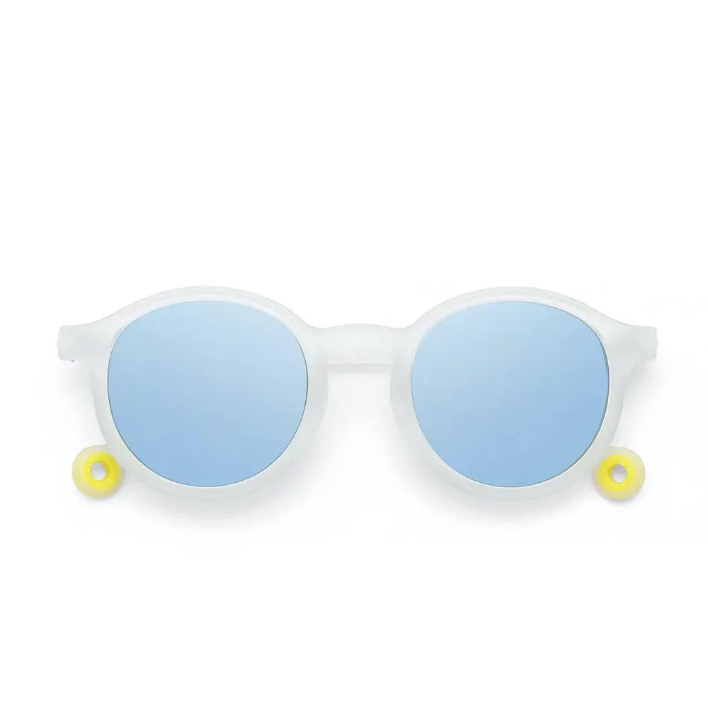 Olivio & Co Oval Sunglasses Kids/Junior Jellyfish White with blue mirrored lenses, white frame, yellow ring accents