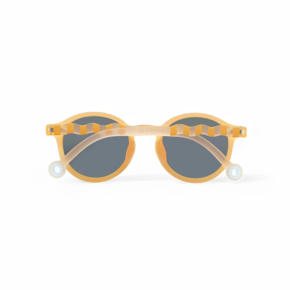 Olivio & Co oval kids sunglasses, seaside yellow frame with gray lenses and striped arms
